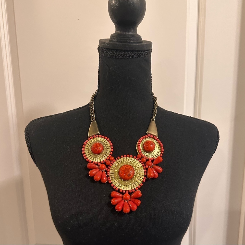 Elegant Red Bezel Beaded Statement Necklace